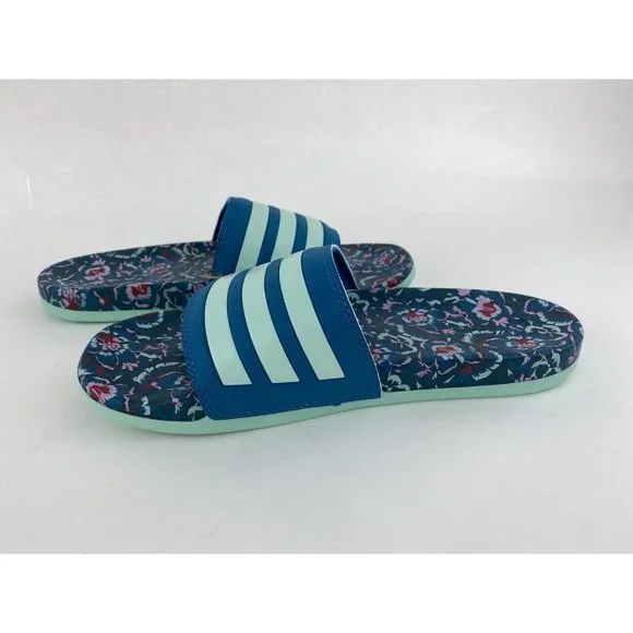 Adidas Adilette Comfort Blue Floral Women's Slides Teal Uncommon Colorway - Picture 9 of 10